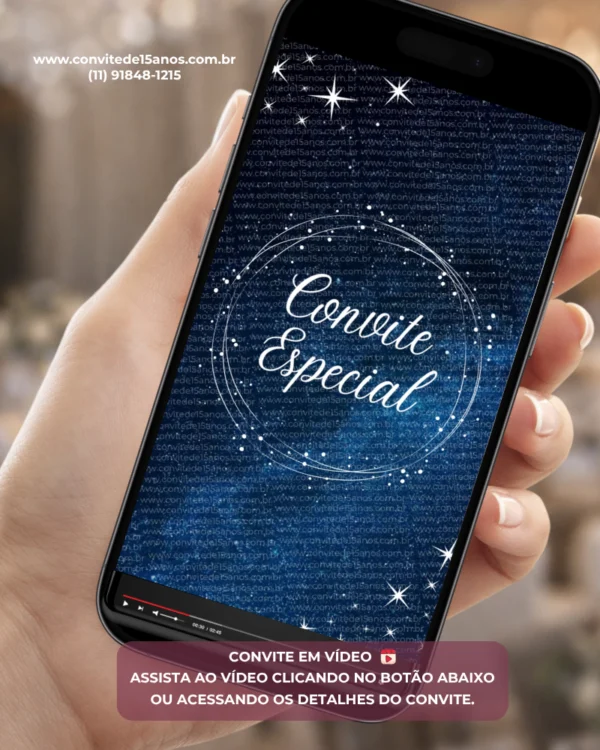 Convite Animado Galáxia exibido em celular, com estrelas brilhantes, efeitos luminosos e fundo azul escuro inspirado no universo e no espaço sideral.