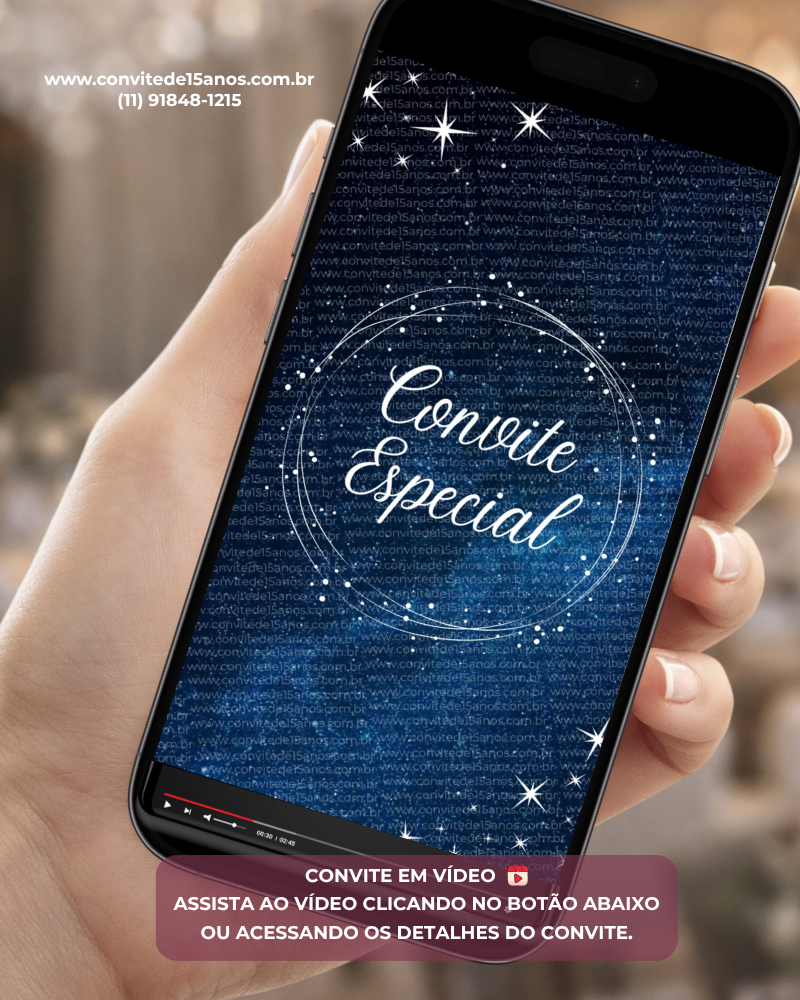 Convite Animado Galáxia exibido em celular, com estrelas brilhantes, efeitos luminosos e fundo azul escuro inspirado no universo e no espaço sideral.