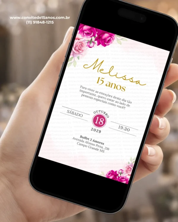 Convite de 15 anos rosa pink exibido em celular, com flores delicadas e detalhes dourados para festa de debutante.