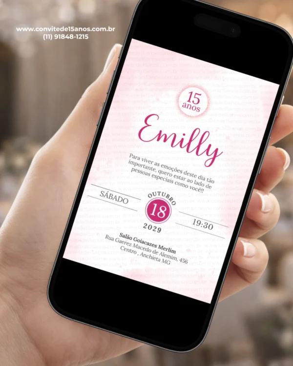 Convite de 15 anos rosa pink e branco exibido em celular, com visual delicado e elegante para debutante.