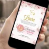 Convite de 15 anos virtual rosa exibido em celular, com flores delicadas e visual elegante para debutante.