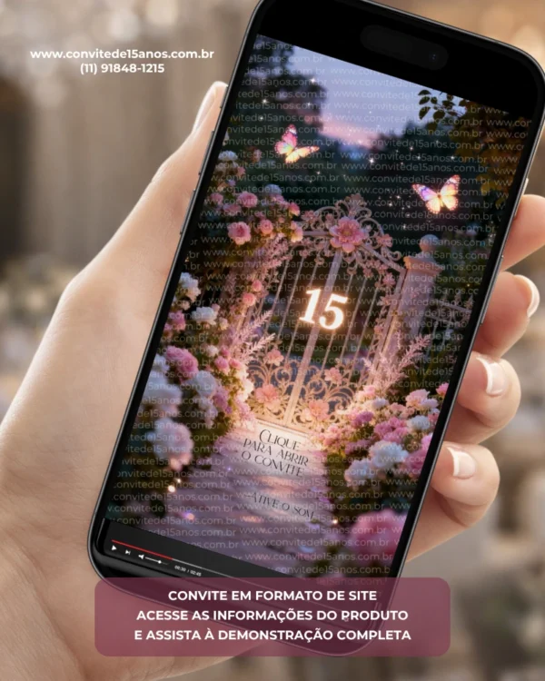 Convite Interativo Premium Jardim Encantado exibido em celular, com portal floral iluminado, flores delicadas, borboletas encantadas e cenário mágico inspirado em jardins de contos de fadas.