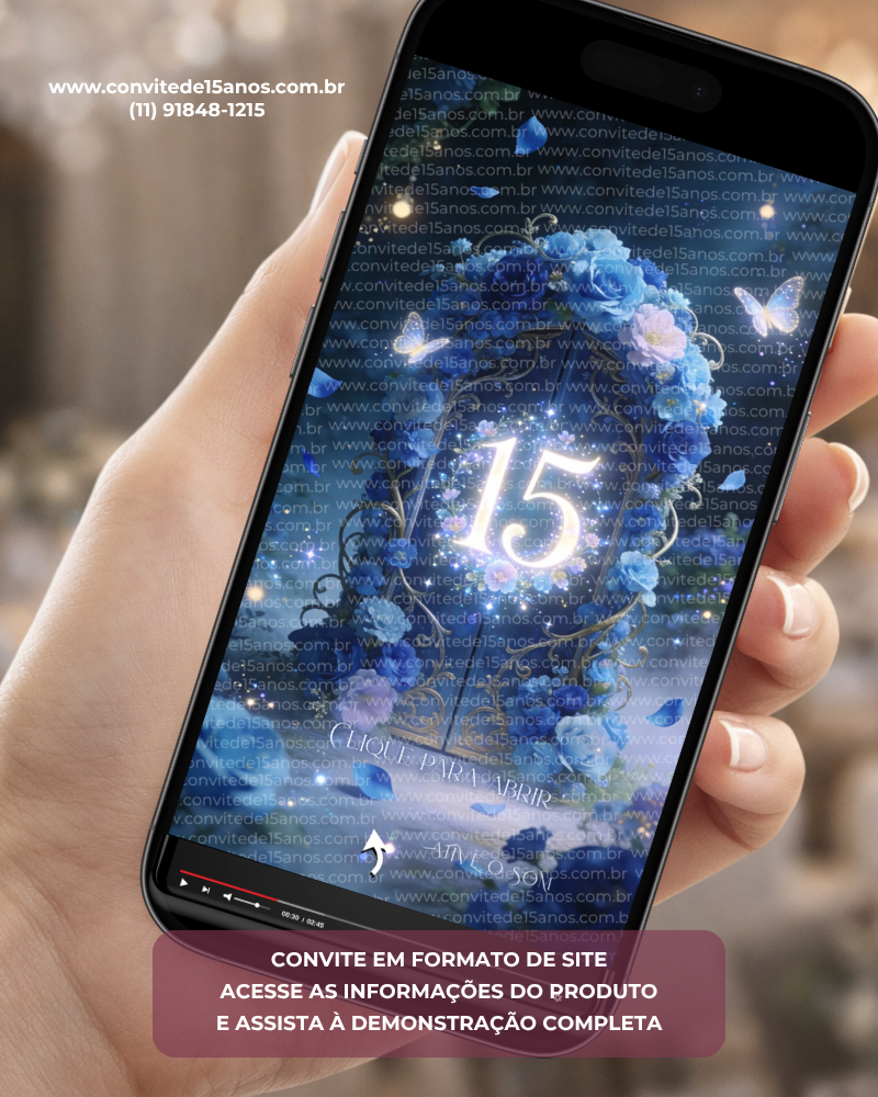 Convite Interativo Premium Jardim Encantado Azul exibido em celular, com portal floral iluminado em tons de azul, flores delicadas, borboletas brilhantes e efeitos visuais inspirados em um jardim mágico.