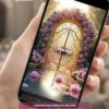 Convite Interativo Premium Jardim Encantado Rosa exibido em celular, com portal floral iluminado, flores delicadas em tons de rosa e cenário mágico inspirado em jardins encantados.