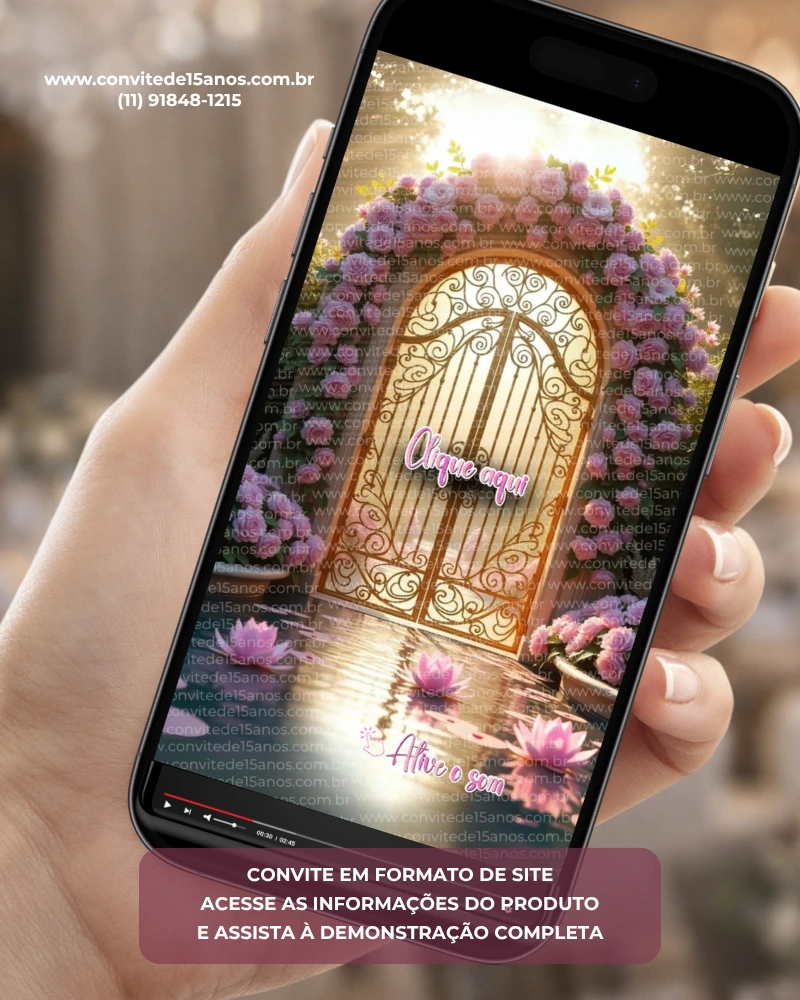 Convite Interativo Premium Jardim Encantado Rosa exibido em celular, com portal floral iluminado, flores delicadas em tons de rosa e cenário mágico inspirado em jardins encantados.