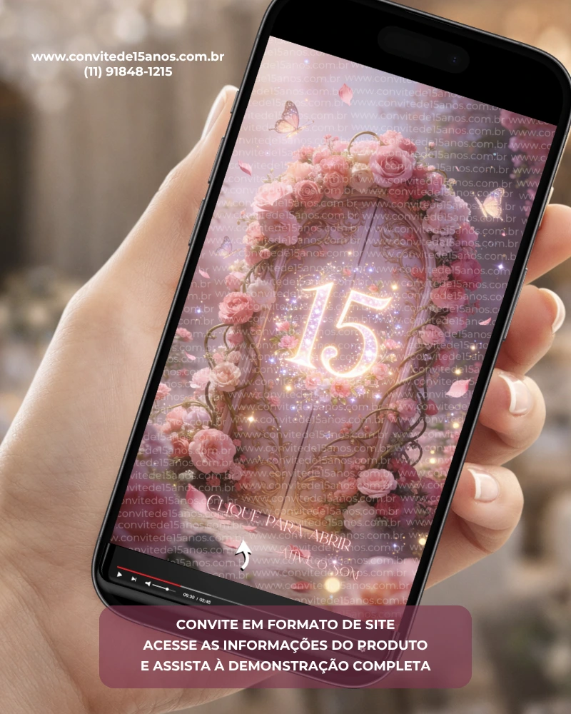 Convite Jardim Encantado Interativo Premium exibido em celular, com portal floral iluminado, flores rosas delicadas, borboletas encantadas e efeitos visuais inspirados em jardins mágicos.