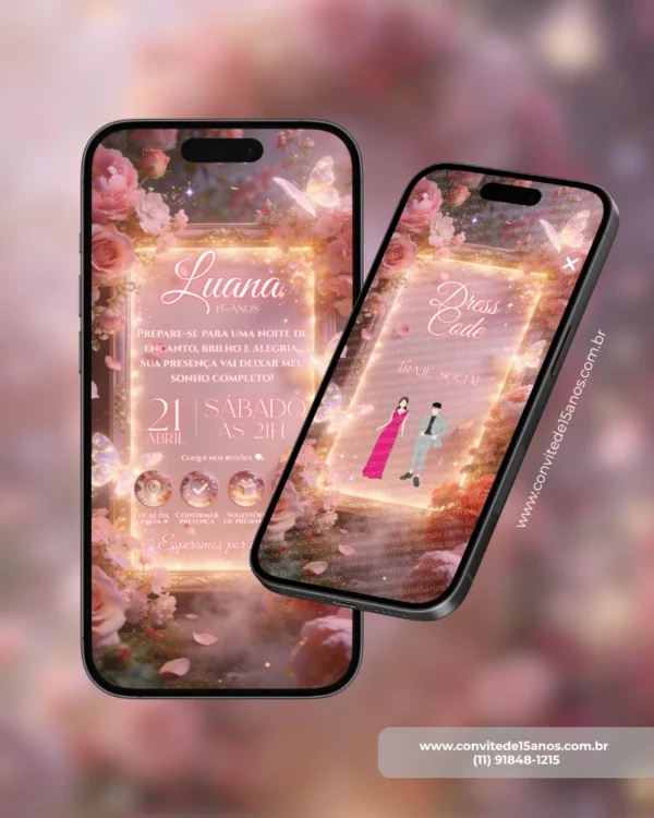 Detalhes do Convite Jardim Encantado Interativo Premium exibidos em celulares, mostrando a página principal do site e a seção de dress code em um cenário floral iluminado com borboletas e efeitos encantadores.