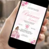 Convite para festa de 15 anos rosa exibido em celular, com flores delicadas, princesa e visual elegante para debutante.