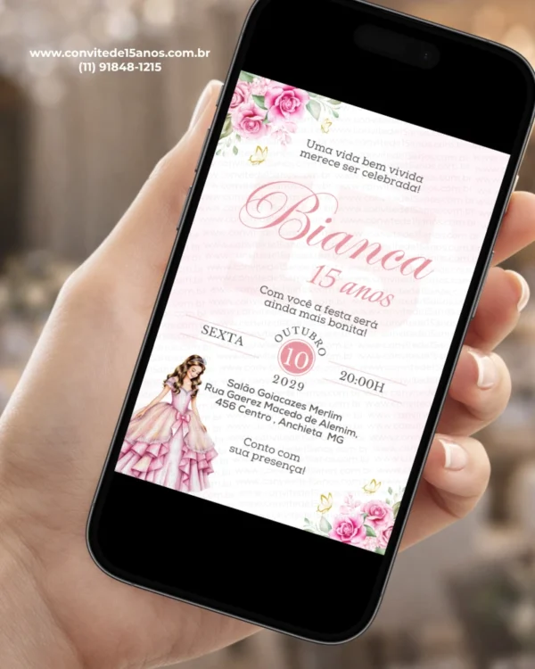 Convite para festa de 15 anos rosa exibido em celular, com flores delicadas, princesa e visual elegante para debutante.