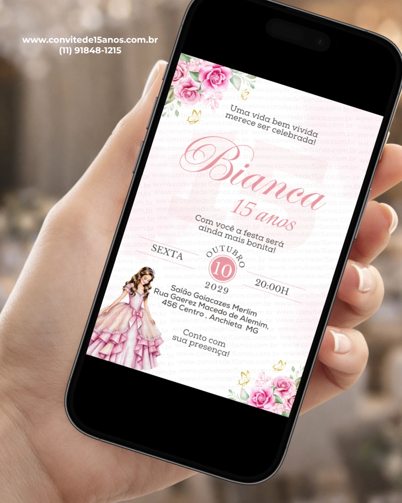 Convite para festa de 15 anos rosa exibido em celular, com flores delicadas, princesa e visual elegante para debutante.