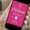 Convite pink para debutante exibido em celular, com visual moderno e elegante para festa de 15 anos.