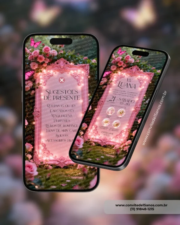 Detalhes do Convite Interativo Premium Jardim Encantado exibidos em celulares, mostrando a página principal do site e a área de sugestões de presentes em um cenário floral encantado com borboletas e iluminação suave.