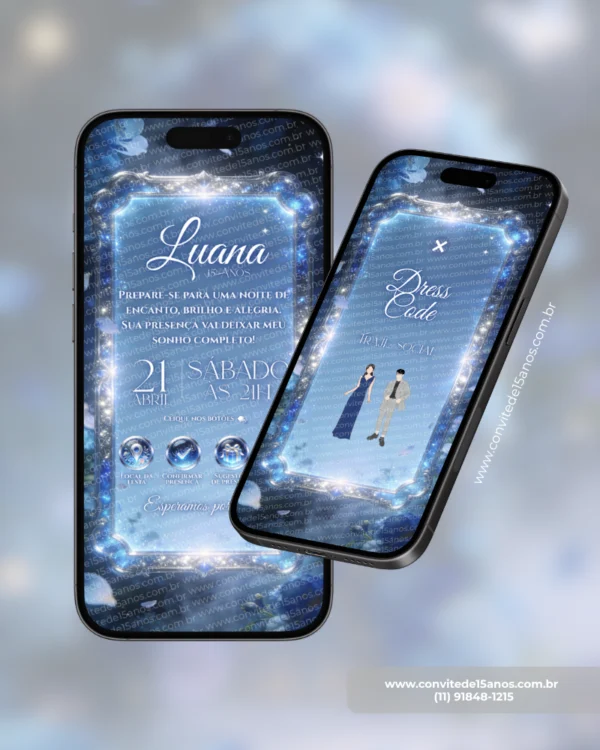 Detalhes do Convite Interativo Premium Jardim Encantado Azul exibidos em celulares, mostrando a página principal do site e a seção de dress code em um cenário iluminado com flores azuis, brilhos delicados e atmosfera mágica.