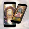 Detalhe do Convite Interativo Premium Jardim Encantado Rosa exibido em celulares, mostrando a abertura do site e uma seção animada com cenário floral iluminado, portal encantado e elementos interativos.