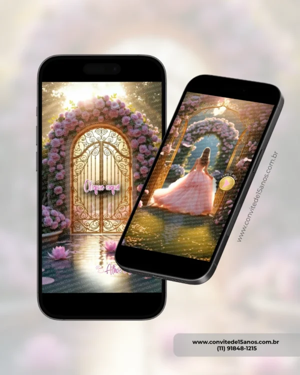 Detalhe do Convite Interativo Premium Jardim Encantado Rosa exibido em celulares, mostrando a abertura do site e uma seção animada com cenário floral iluminado, portal encantado e elementos interativos.