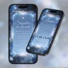Detalhes do Convite Interativo Premium Jardim Encantado Azul exibidos em celulares, mostrando a página principal do site e a área de sugestões de presentes em um cenário iluminado com flores azuis, brilhos delicados e atmosfera encantadora.