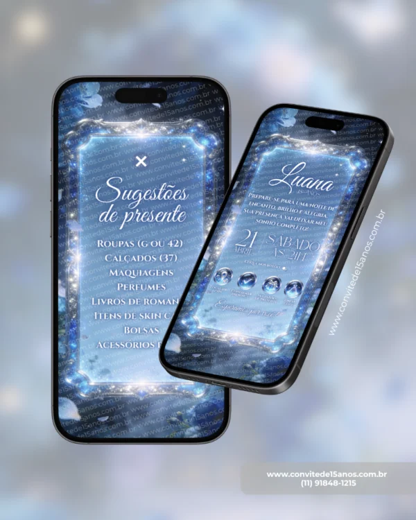 Detalhes do Convite Interativo Premium Jardim Encantado Azul exibidos em celulares, mostrando a página principal do site e a área de sugestões de presentes em um cenário iluminado com flores azuis, brilhos delicados e atmosfera encantadora.