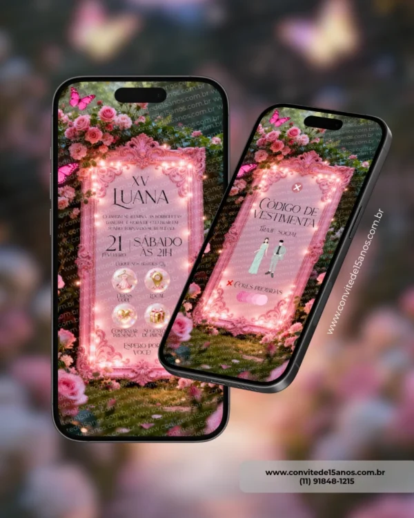 Detalhes do Convite Interativo Premium Jardim Encantado exibidos em celulares, mostrando a página principal do site e a seção de código de vestimenta em um cenário floral delicado com borboletas e iluminação suave.