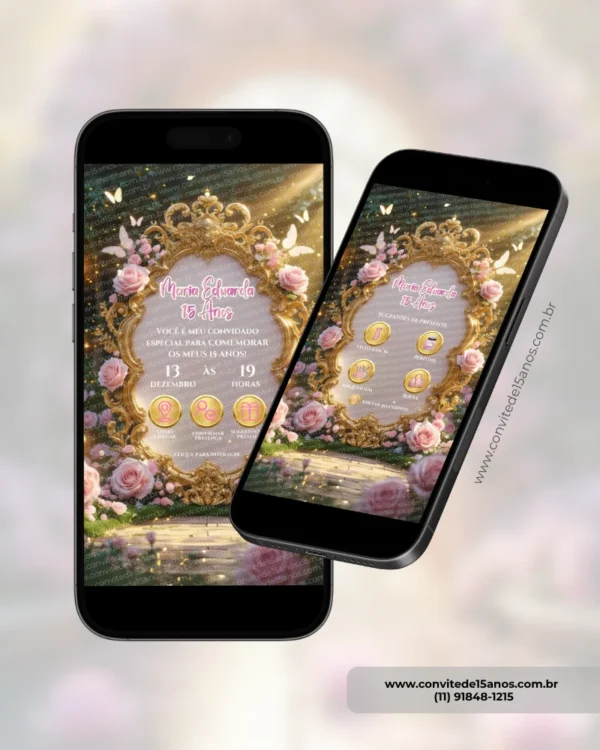 Detalhes do Convite Interativo Premium Jardim Encantado Rosa exibidos em celulares, mostrando a página principal do site, botões interativos e área de sugestões de presentes em um cenário floral elegante.