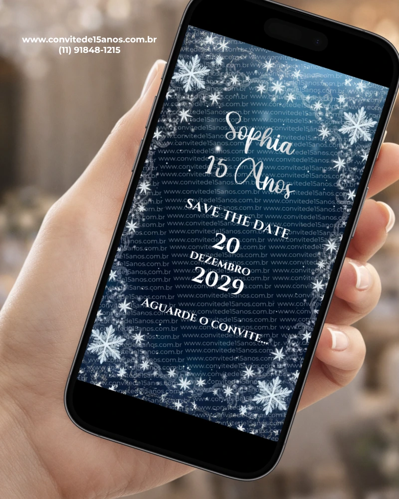 Save the Date Baile de Inverno Digital exibido em celular, com flocos de neve brilhantes, fundo azul elegante e visual inspirado em um baile de inverno encantado.