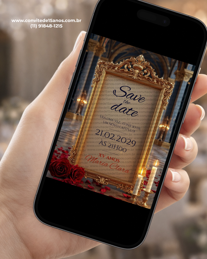 Save the Date Digital A Bela e a Fera exibido em celular, com moldura dourada ornamentada, rosas vermelhas e cenário inspirado em castelo encantado.
