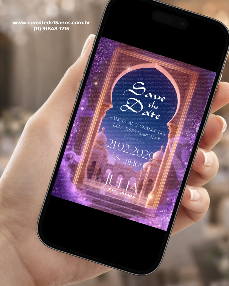 Save the date digital Aladdin exibido em celular, com portal árabe, tons de roxo, brilho e visual inspirado em contos orientais.