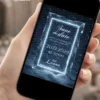 Save the date digital Baile de Inverno exibido em celular, com moldura iluminada de gelo, tons azuis e cenário inspirado no inverno.