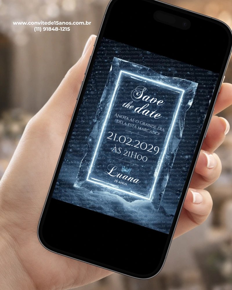 Save the date digital Baile de Inverno exibido em celular, com moldura iluminada de gelo, tons azuis e cenário inspirado no inverno.
