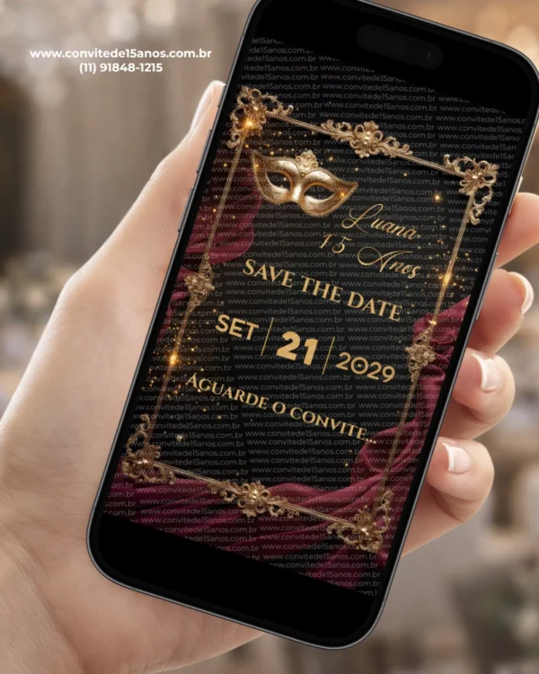 Save the Date Digital Baile de Máscaras exibido em celular, com máscara dourada veneziana, moldura ornamentada e cenário elegante em tons escuros.