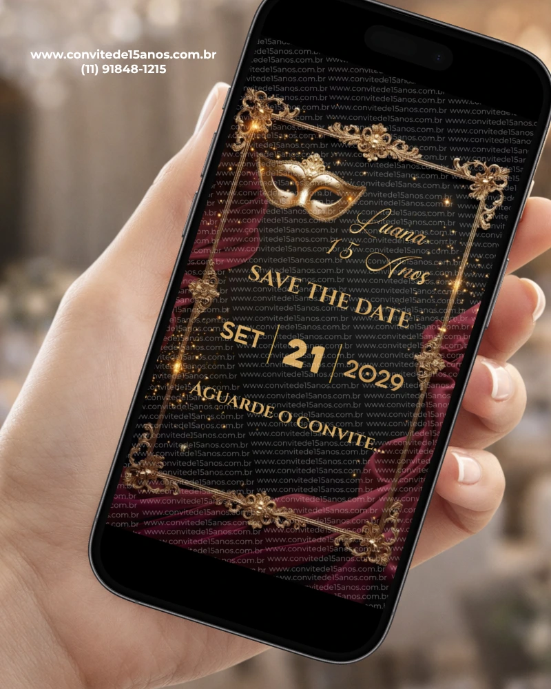 Save the Date Digital Baile de Máscaras exibido em celular, com máscara dourada veneziana, moldura ornamentada e cenário elegante em tons escuros.