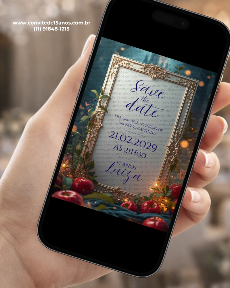 Save the Date Digital Branca de Neve exibido em celular, com moldura dourada ornamentada, maçãs vermelhas e cenário inspirado em conto de fadas.