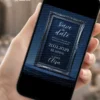 Save the Date Digital Céu Estrelado exibido em celular, com moldura prateada ornamentada, fundo azul escuro e visual inspirado em noites estreladas.