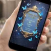 Save the Date Digital com Borboletas Azul exibido em celular, com moldura dourada ornamentada, borboletas azuis iluminadas e fundo escuro sofisticado.