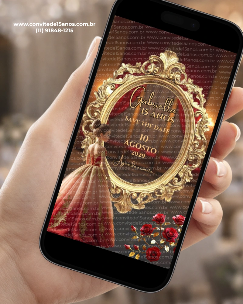 Save the Date Digital Dourado e Vermelho exibido em celular, com moldura dourada ornamentada, vestido elegante vermelho e rosas decorativas em cenário sofisticado.