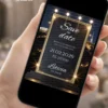 Save the date digital Hollywood exibido em celular, com moldura dourada iluminada, estrelas, fundo escuro e visual inspirado no glamour do cinema.