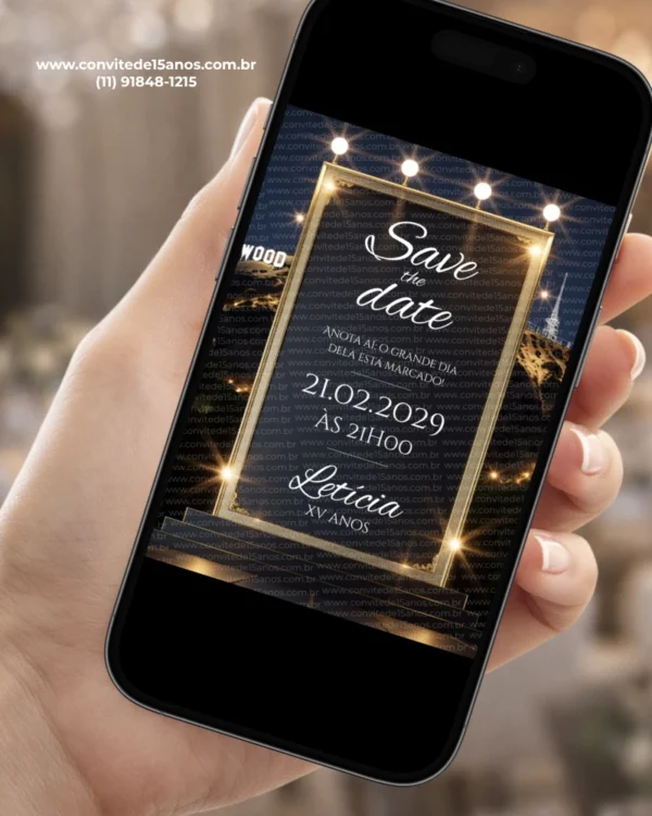 Save the date digital Hollywood exibido em celular, com moldura dourada iluminada, estrelas, fundo escuro e visual inspirado no glamour do cinema.