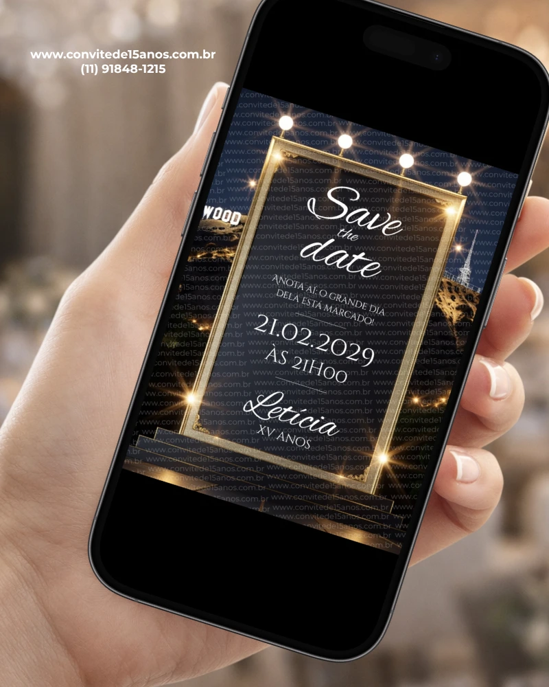 Save the date digital Hollywood exibido em celular, com moldura dourada iluminada, estrelas, fundo escuro e visual inspirado no glamour do cinema.