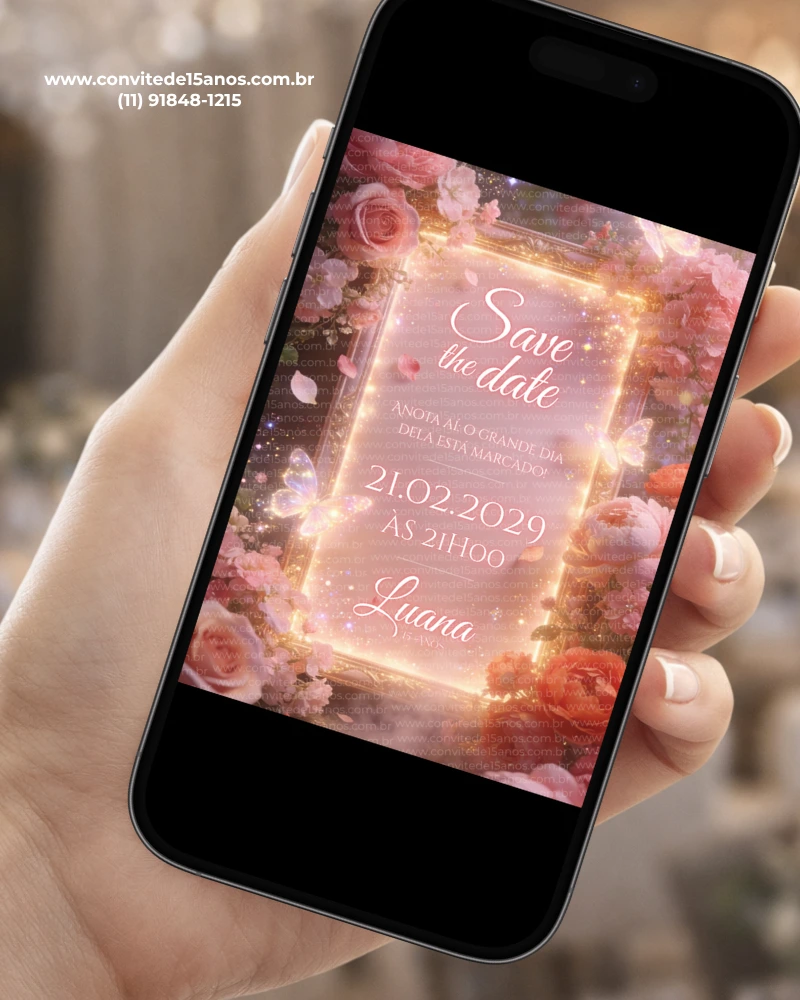 Save the Date Digital Jardim Encantado Rosa exibido em celular, com flores em tons de rosa, moldura iluminada dourada, borboletas e cenário mágico delicado.