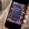 Save the Date Digital Jardim Noturno Rosa exibido em celular, com rosas em tons de rosa, lanternas iluminadas, borboletas e cenário floral noturno.