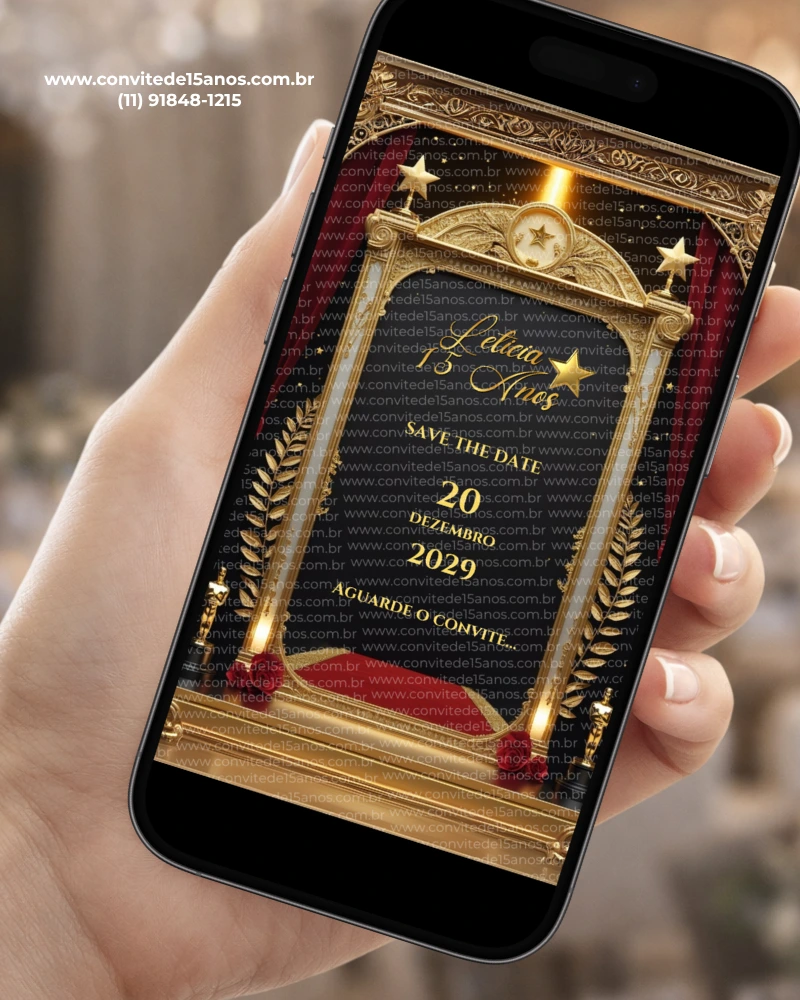 Save the Date Digital Oscar exibido em celular, com palco luxuoso, cortinas vermelhas, moldura dourada e estrelas decorativas inspiradas na premiação.