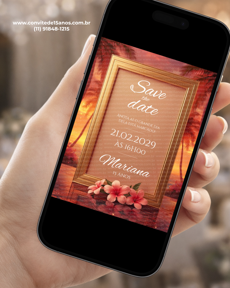 Save the Date Digital Tardezinha exibido em celular, com pôr do sol em tons alaranjados, moldura dourada e flores delicadas em cenário tropical.