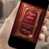 Save the date digital vermelho e dourado exibido em celular, com moldura clássica dourada, fundo vermelho e detalhes elegantes.