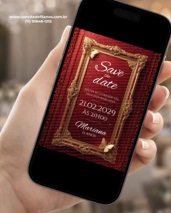 Save the date digital vermelho e dourado exibido em celular, com moldura clássica dourada, fundo vermelho e detalhes elegantes.