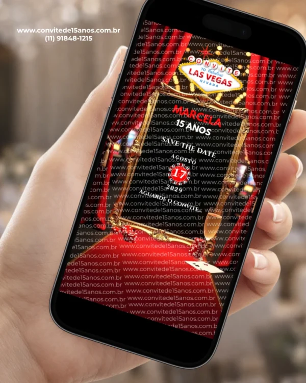 Save the Date Las Vegas Digital exibido em celular, com elementos inspirados em cassinos, fichas vermelhas, dados e letreiro clássico de Las Vegas.