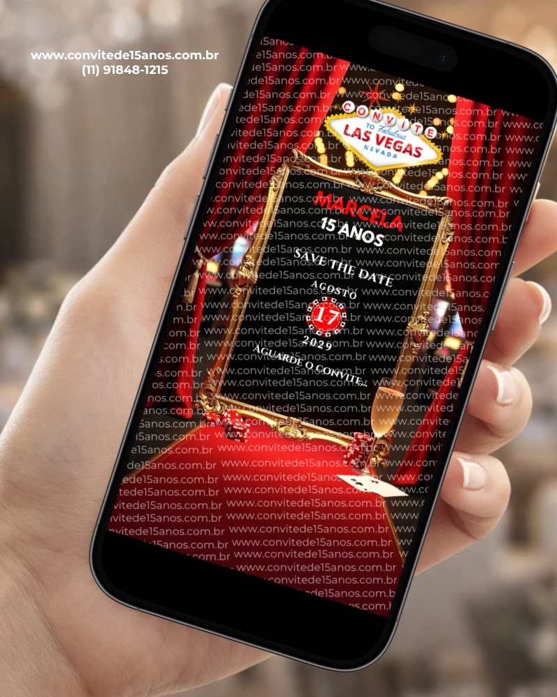 Save the Date Las Vegas Digital exibido em celular, com elementos inspirados em cassinos, fichas vermelhas, dados e letreiro clássico de Las Vegas.