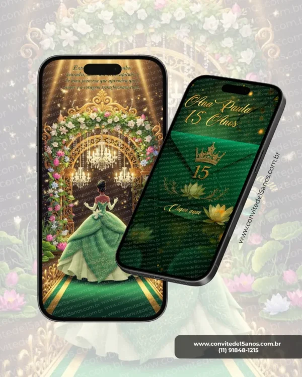 Convite A Princesa e o Sapo Interativo Premium em formato de site, com princesa em vestido verde, flores delicadas, vitórias-régias, lustres dourados e cenário inspirado no conto encantado da Princesa Tiana.