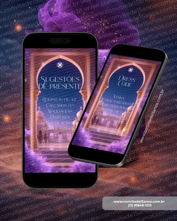 Convite Aladdin Interativo Premium em formato de site, com portal árabe iluminado, tons de roxo e dourado, sugestões de presentes e dress code inspirados no universo oriental. Convite digital premium para festa de 15 anos.