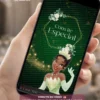 Convite Animado A Princesa e o Sapo para 15 anos exibido em smartphone, com elementos inspirados no conto de fadas, vestido verde, flores delicadas e animações encantadoras em um cenário mágico.