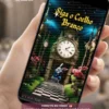 Convite Animado Alice no País das Maravilhas exibido em smartphone, com relógios, caminho xadrez, coelho branco e elementos inspirados no universo mágico da história, criando uma experiência divertida e encantadora para a festa de 15 anos.