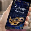 Convite Animado Baile de Máscaras exibido em smartphone, com máscara veneziana dourada, detalhes sofisticados em azul e dourado e animações elegantes inspiradas nos tradicionais bailes de gala e máscaras.